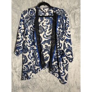 Catherines Women 1X 18/20W Blue‎ White Damask Open Front Kimono Chiffon Cardigan